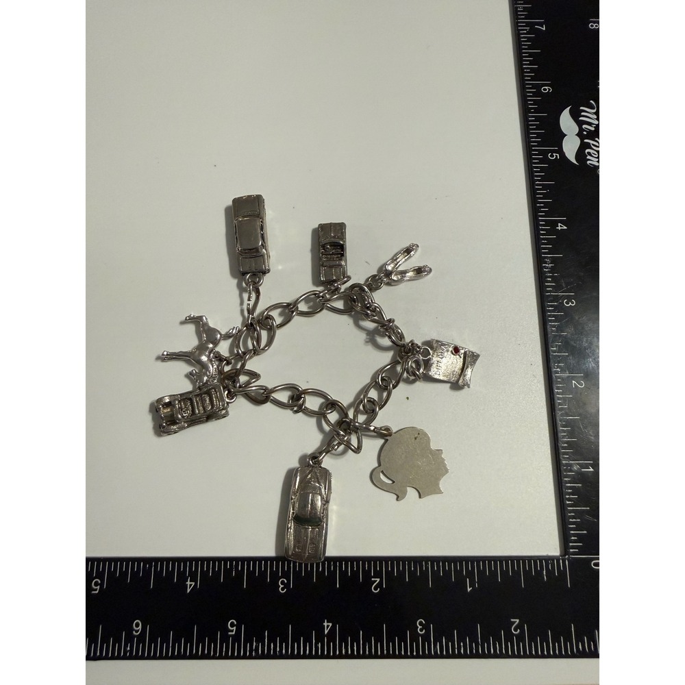 Vintage Silver Tone Charm Bracelet Classic Cars Horse Diploma Ballet Slippers 7"
